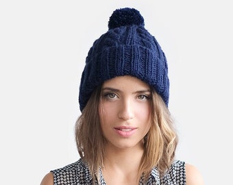 Dark Blue Beanie, Mens Knit Hats, Chunky Knit Hat, Womens Beanies, Wool Beanie, Unisex Winter Hat, Navy Beanie,Woolen Toque