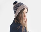 Fair Isle Beanie with Pom Pom, Hand Knit Hat in Lavender & Navy, Womens Winter Hat, Mens Knit Ski Hat, Unisex Bobble Hat