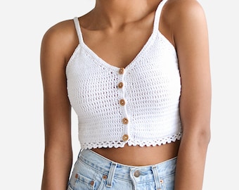 Crochet Summer Top with Wooden Buttons, Crochet Boho Top, Buttoned Tank Top, Womens Cropped Top, Cotton Crop Top, Crochet Lace Blouse
