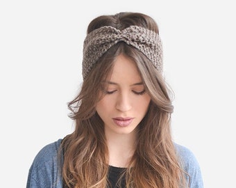 Hand Knit Headband in Light Brown, Custom Ear Warmer, Womens Turban, Boho Chic Headband, Handknitted Turband, Winter Turban