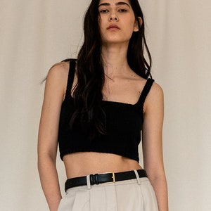 Square Neck Crop Top, Minimal Knit Top, Cropped Yoga Top, Hand Knit, Square Neckline, Knit Bra, Fitted Cotton Bralette in Total Black