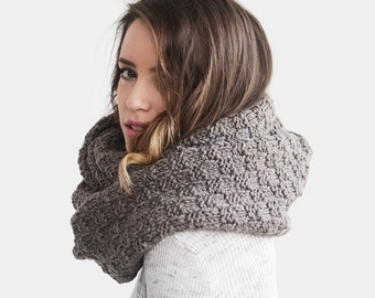 Knit Infinity Scarf, Oversized Scarf, Brown Loop Scarf, Extra Chunky Cowl, Hand Knit Long Snood, Womens Winter Cowl