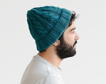 Bonnet en laine mélangée tricoté à la main : chapeau d'hiver ample bleu sarcelle foncé