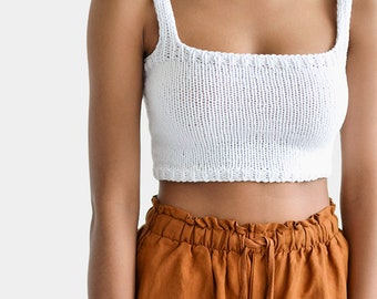 Vierkante hals crop top, minimaal gebreide top, gebreide bralette top, bijgesneden yoga top, handgebreid, vierkante halslijn, sport gebreide beha, ingerichte katoenen top