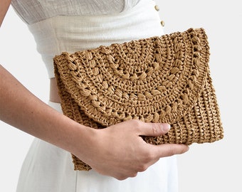 Crochet Raffia Clutch in Tan, Straw Summer Bag, Raffia Clutch Handbag, Tan Crochet Summer Bag, Crochet Straw Clutch  — Marigold Bag