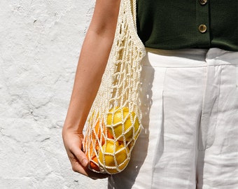 French Market Bag, Crochet Market Bag, Cotton Net Bag, Handmade Eco Tote, Mesh Bag, Quality Shopping Bag, Off White,  Farmers Market Bag