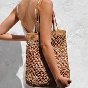 Raffia Net Bag in Tan, Crochet Raffia Tote, Summer Tote Bag, Straw Mesh Bag, Handcrafted Tote, Net Shoulder Bag