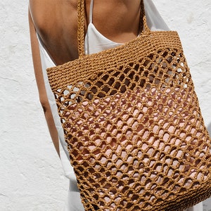 Raffia Net Bag in Tan, Crochet Raffia Tote, Summer Tote Bag, Straw Mesh Bag, Handcrafted Tote, Net Shoulder Bag The Raffia Net Bag image 3
