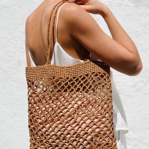 Raffia Net Bag in Tan, Crochet Raffia Tote, Summer Tote Bag, Straw Mesh Bag, Handcrafted Tote, Net Shoulder Bag — The Raffia Net Bag
