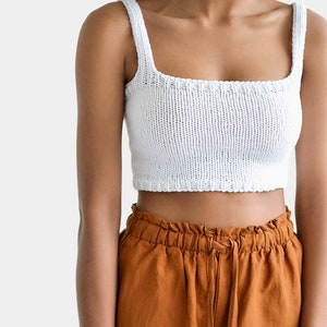 Square Neck Crop Top, Minimal Knit Top, Knit Bralette Top, Cropped Yoga Top, Hand Knit, Square Neckline, Sports Knit Bra, Fitted Cotton Top 01. Bright White