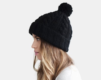 Hand Knit Beanie in Black, Cable Knit Womens Winter Hat with Pom Pom, Unisex Ski Hat, Mens Wool Hat, Custom Color — The Classic Cable