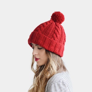 Hand Knit Beanie, Red Beanie Hat, Cable Knit Womens Winter Hat with Pom Pom, Unisex Ski Hat, Mens Wool Hat, Custom Color — The Classic Cable