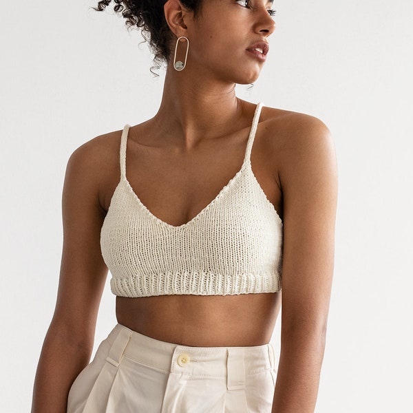Hand Knit Bralette in Vanilla Scoop, Cotton Knit Bra, Fitted Yoga Top, Minimal  V Neck Crop Top, Soft Comfortable Bra, Cropped Womens Tops