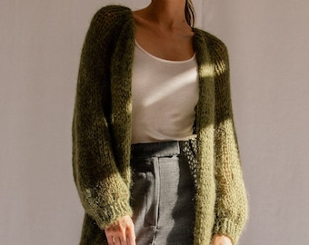 Airy Mohair Coat — Hand Knit Long Cardigan, Raglan Balloon Sleeves,  Loose Knit Soft Mohair, Luxurious Lightweight Open Front Cardigan