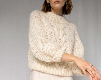 Chunky Braid Sweater — Hand Knit Mohair Cropped Pullover, Luxurious Oversized Cable Knit Sweater, Off White Jumper, Boxy Fit Raglan