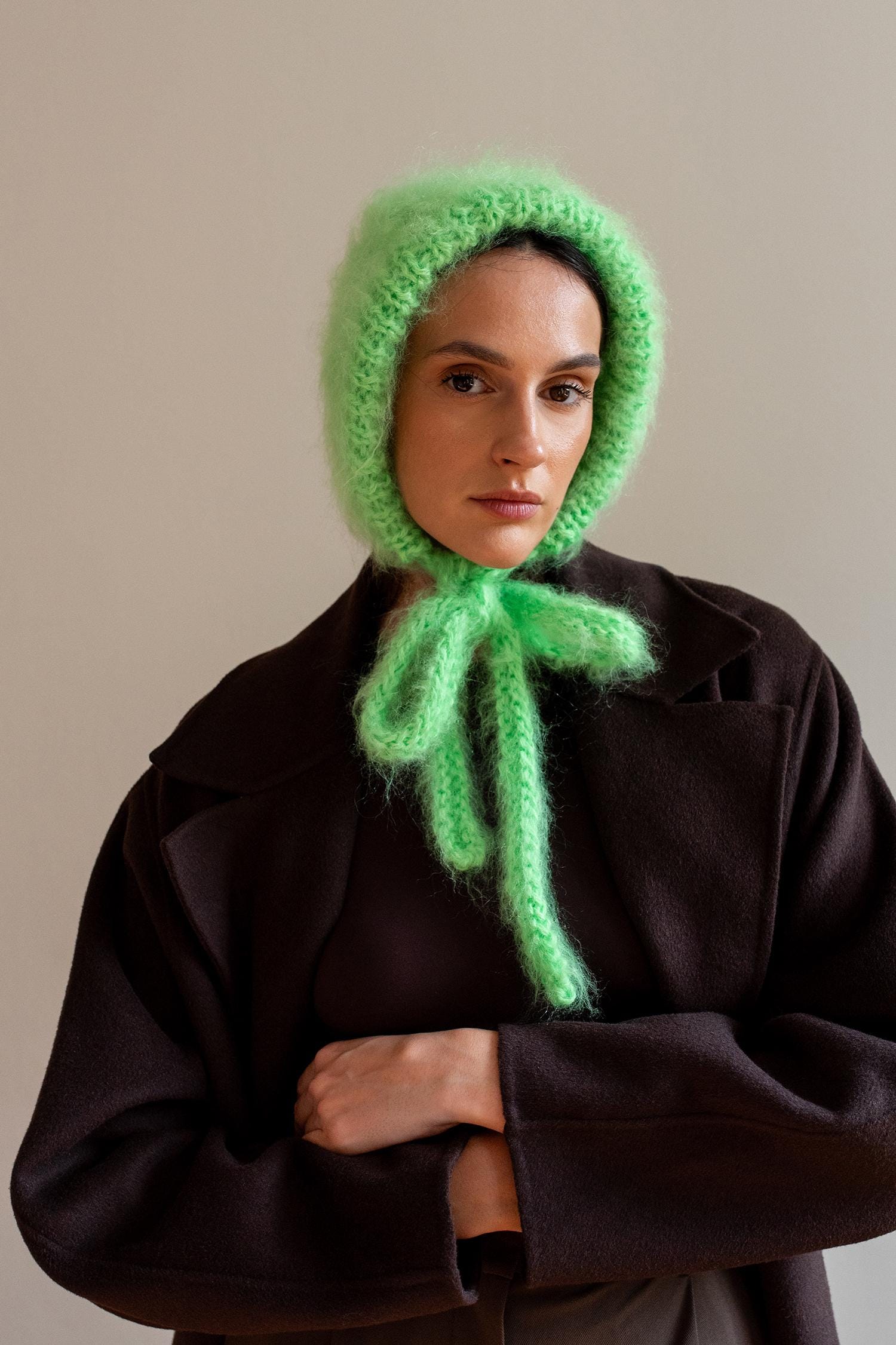 Urban Outfitters Moss Green Wool Blend Knit Bonnet | Cozy Tie Hood Knit Adult Bonnet Green - Etsy main image 2