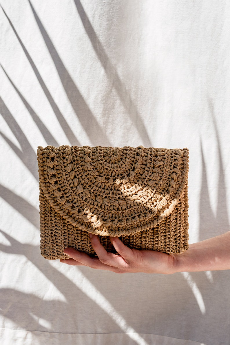 Crochet Raffia Clutch in Tan, Straw Summer Bag, Raffia Clutch Handbag, Tan Crochet Summer Bag, Crochet Straw Clutch Marigold Bag image 3