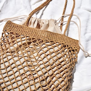 Raffia Net Bag in Tan, Crochet Raffia Tote, Summer Tote Bag, Straw Mesh Bag, Handcrafted Tote, Net Shoulder Bag The Raffia Net Bag image 5