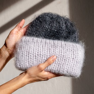 Chunky Mohair Beanie, Womens Winter Knit Hat, Color Block Green Knit Hat, Fluffy Mohair Beanie, Soft Knit The Brushed Mohair Beanie Feather x Pebble