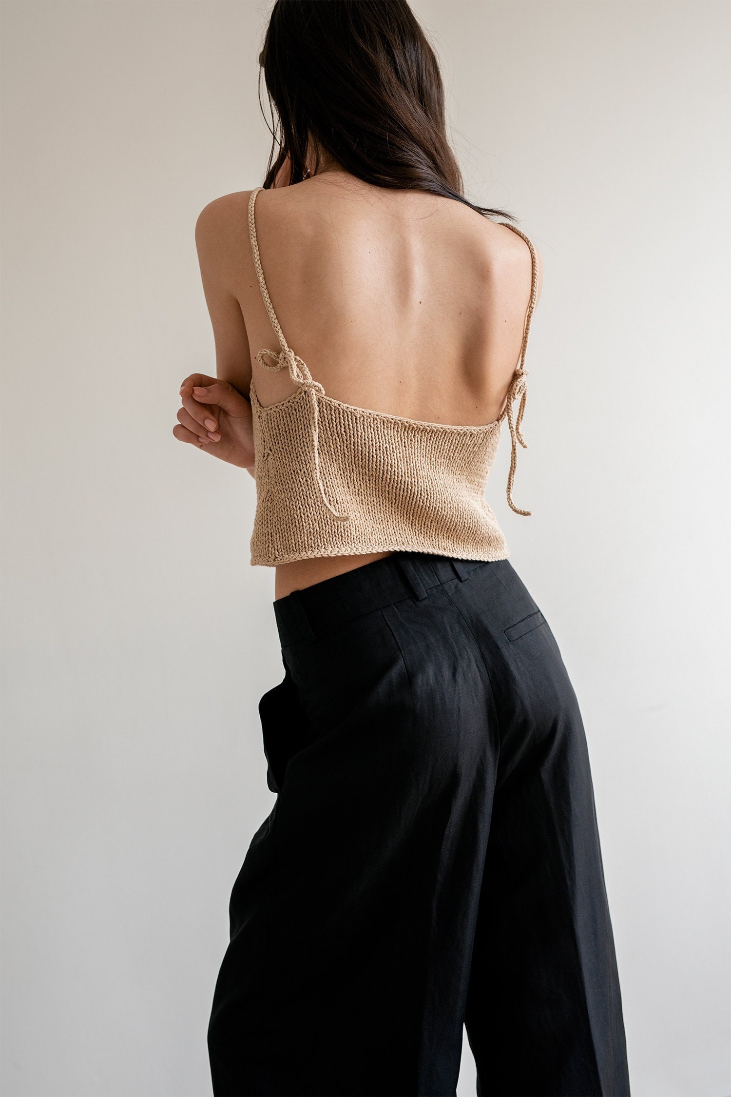 トップス BACK OPEN SHEER KNIT TUNIC DIANTE Open Back Top, Hand Knit Boatneck, Low Back Knit Tank