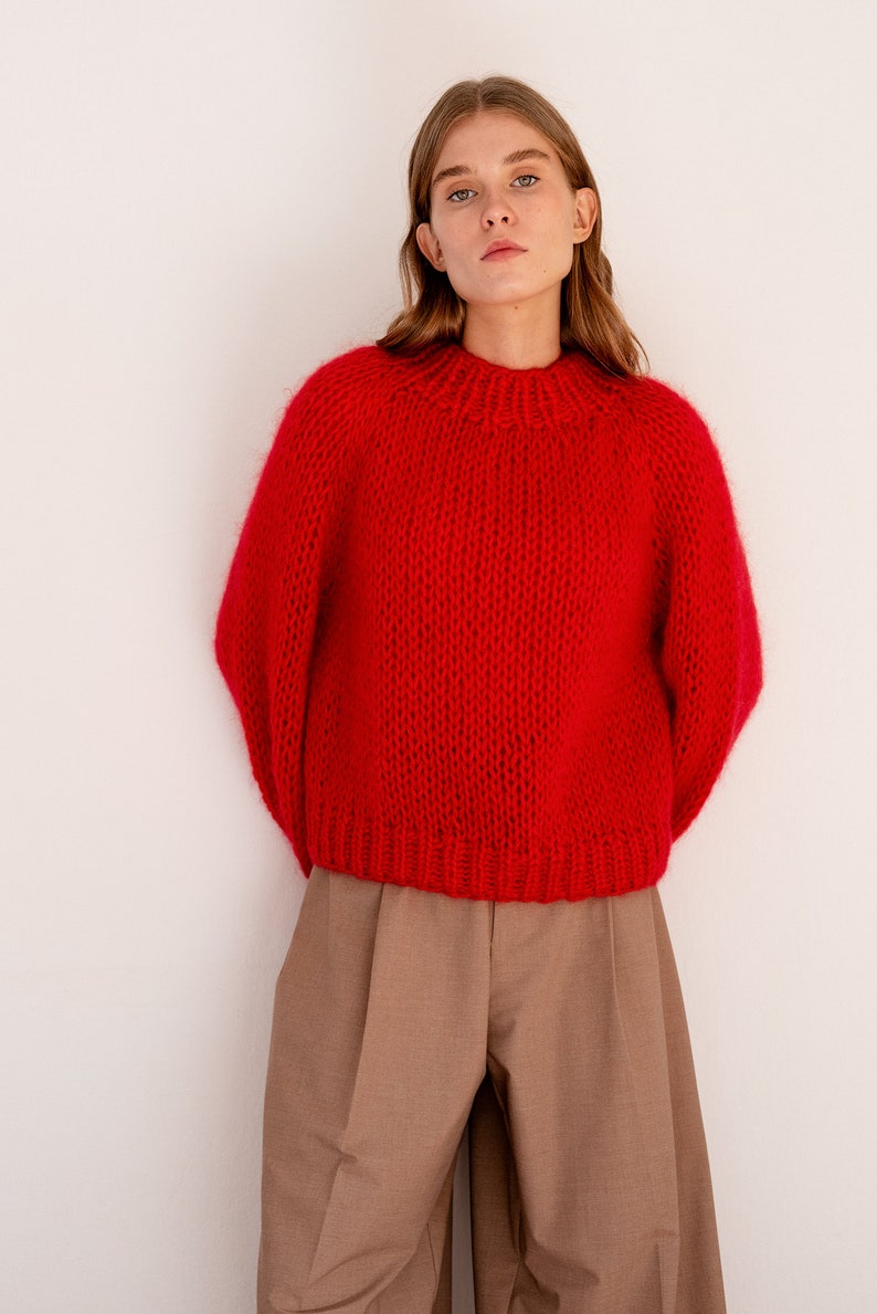 Relaxed Mohair Sweater in Lava, Hand Knit Pullover, Chunky Mohair Jumper, Oversized Knitted Sweater in Kid Mohair, Red Mockneck, Loose Fit zdjęcie 3