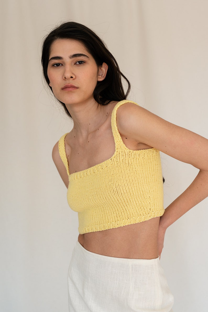 Square Neck Crop Top, Minimal Knit Top, Cropped Yoga Top, Hand Knit, Square Neckline,Sports Knit Bra, Fitted Cotton Bralette in Terra Cotta 06. Sunshine Yellow