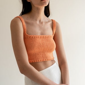 Square Neck Crop Top, Minimal Knit Top, Cropped Yoga Top, Hand Knit, Square Neckline,Sports Knit Bra, Fitted Cotton Bralette in Terra Cotta 04. Peach Sorbet