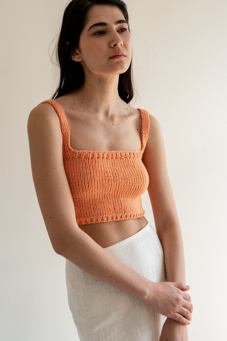 Square Neck Crop Top, Minimal Knit Top, Cropped Yoga Top, Hand Knit, Square Neckline,Sports Knit Bra, Fitted Cotton Bralette in Terra Cotta 04. Peach Sorbet