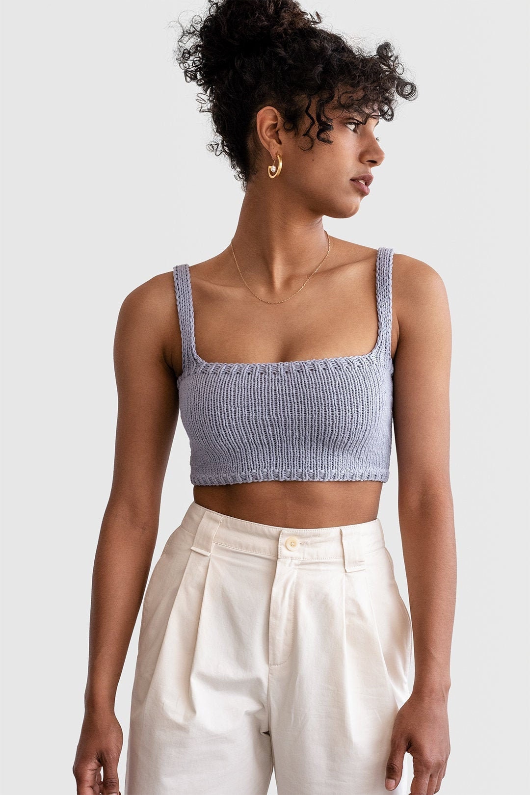 Square Neck Crop Top, Minimal Knit Top, Cropped Yoga Top, Hand Knit, Square  Neckline Bra, Fitted Cotton Bralette in Light Lavender 