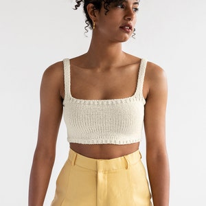 Square Neck Crop Top, Minimal Knit Top, Knit Bralette Top, Cropped Yoga Top, Hand Knit, Square Neckline, Sports Knit Bra, Fitted Cotton Top 05. Off White