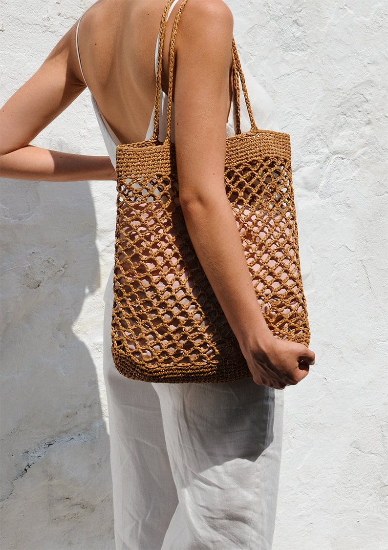 Raffia Net Bag in Tan, Crochet Raffia Tote, Summer Tote Bag, Straw Mesh Bag, Handcrafted Tote, Net Shoulder Bag 