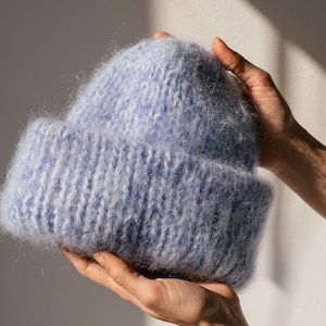 Chunky Mohair Beanie, Womens Winter Knit Hat, Pastel Blue Knit Hat, Fluffy Mohair Beanie, Soft Knit — The Brushed Mohair Beanie in Sky Mix