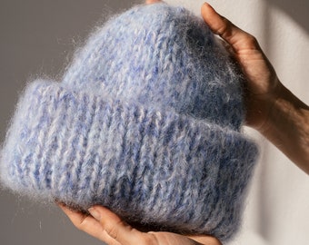 Chunky Mohair Beanie, Womens Winter Knit Hat, Pastel Blue Knit Hat, Fluffy Mohair Beanie, Soft Knit — The Brushed Mohair Beanie in Sky Mix