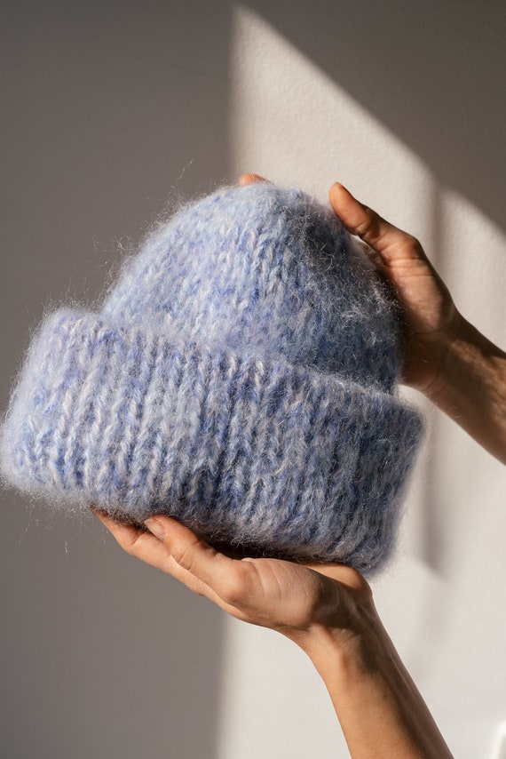 Handmade knit winter hat mohair navy blue one size fits most girls women Chunky Mohair Beanie, Womens Winter Knit Hat, Pastel Blue  main image 4