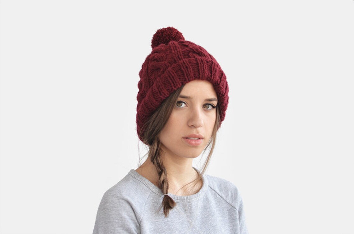Hand Knit Beanie in Burgundy Cable Knit Womens Winter Hat - Etsy