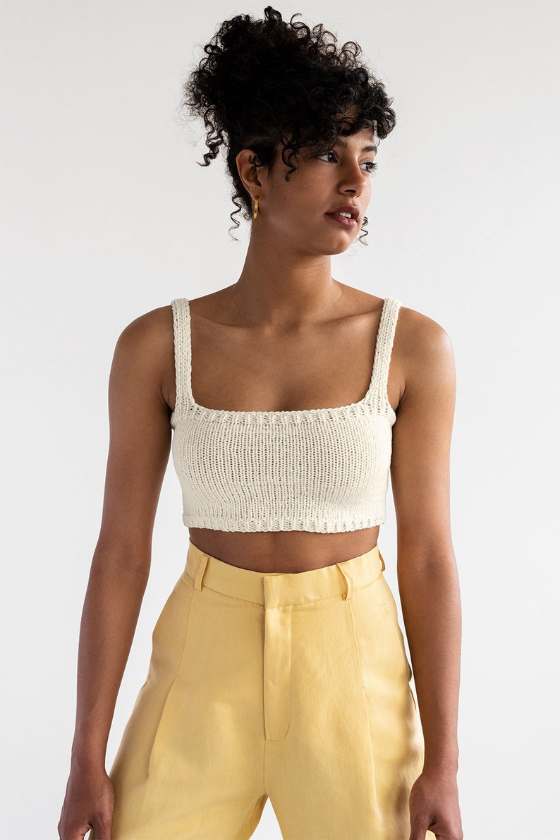 Square Neck Crop Top, Minimal Knit Top, Cropped Yoga Top, Hand Knit, Square Neckline,Sports Knit Bra, Fitted Cotton Bralette in Terra Cotta 05. Off White