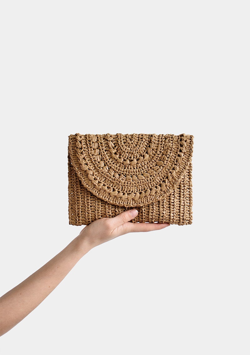 Crochet Raffia Clutch in Tan Straw Summer Bag Raffia Clutch Etsy