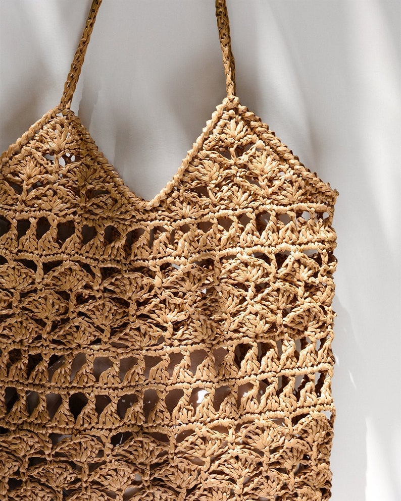 Crochet Raffia Tote Bag in Tan, Summer Tote Bag, Straw Mesh Bag, Handcrafted Tote, Crochet Handbag — Anemone Tote 