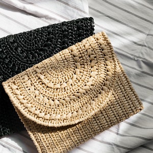 Crochet Raphia Clutch in Tan, Straw Summer Bag, Raphia Clutch Handbag, Tan Crochet Summer Bag, Crochet Straw Clutch Sac Marigold image 9