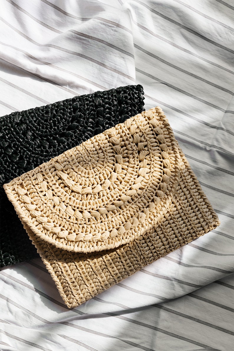 Crochet Raffia Clutch in Tan, Straw Summer Bag, Raffia Clutch Handbag, Tan Crochet Summer Bag, Crochet Straw Clutch Marigold Bag image 9