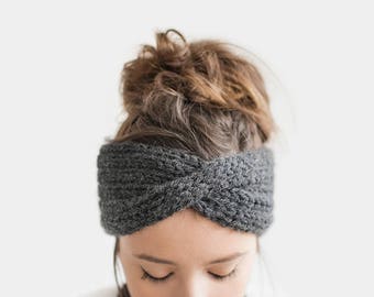 Hand Knit Turban in Dark Grey, Chunky Rib Turban, Warm Womens Turband, Custom Color Turban, Winter Headband