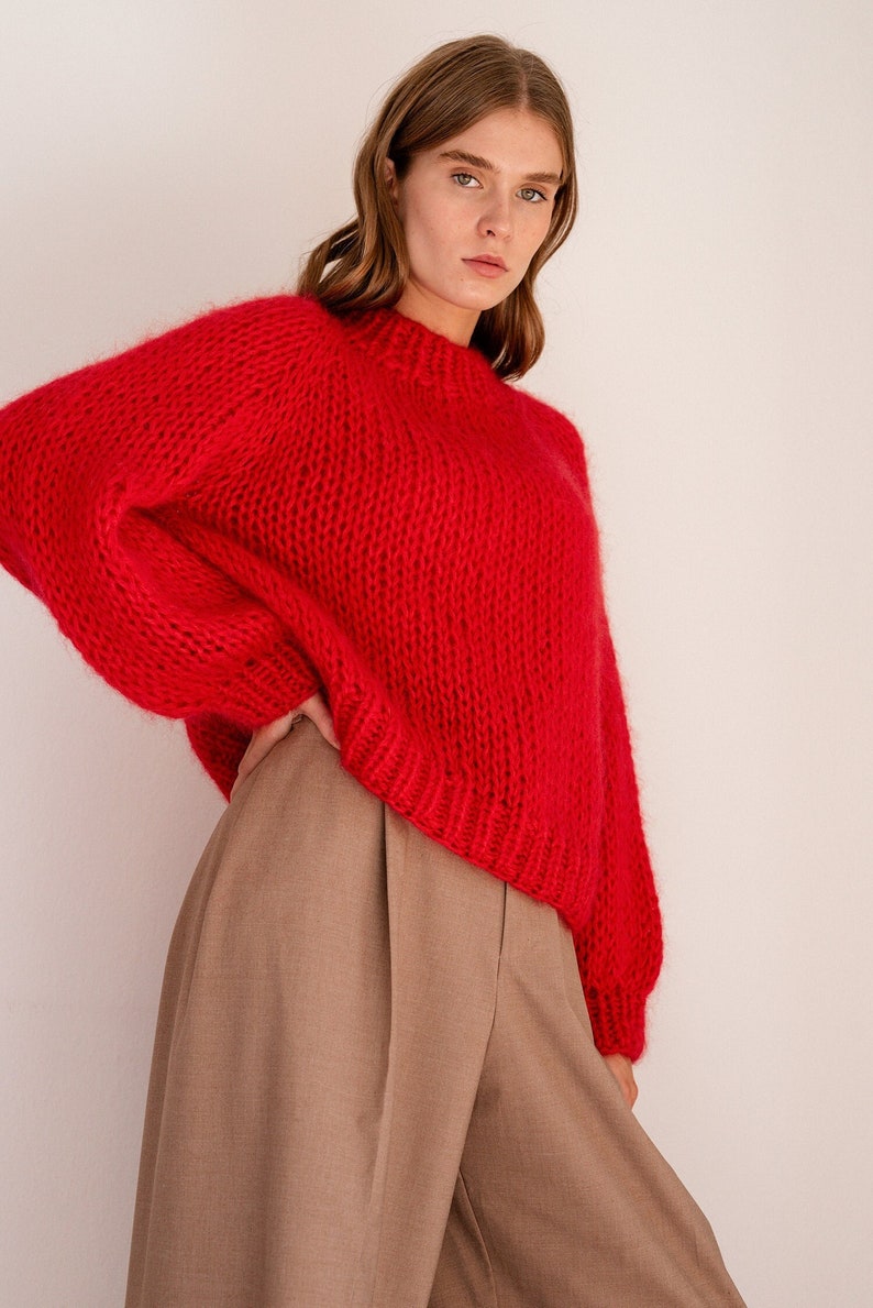 Relaxed Mohair Sweater in Lava, Hand Knit Pullover, Chunky Mohair Jumper, Oversized Knitted Sweater in Kid Mohair, Red Mockneck, Loose Fit image 1