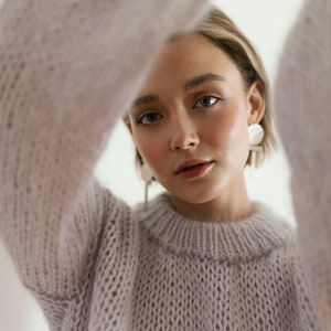 Chunky Mohair Sweater, Hand Knit Pullover, Oversized Knit Sweater in Kid Mohair, Mockneck & Bubble Sleeves, Loose Fit, Womens Knitted Blouse 01. Feather