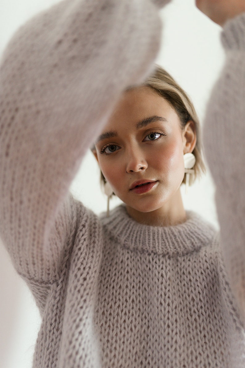 Chunky Mohair Sweater, Hand Knit Pullover, Oversized Knit Sweater in Kid Mohair, Mockneck & Bubble Sleeves, Loose Fit, Womens Knitted Blouse 01. Feather