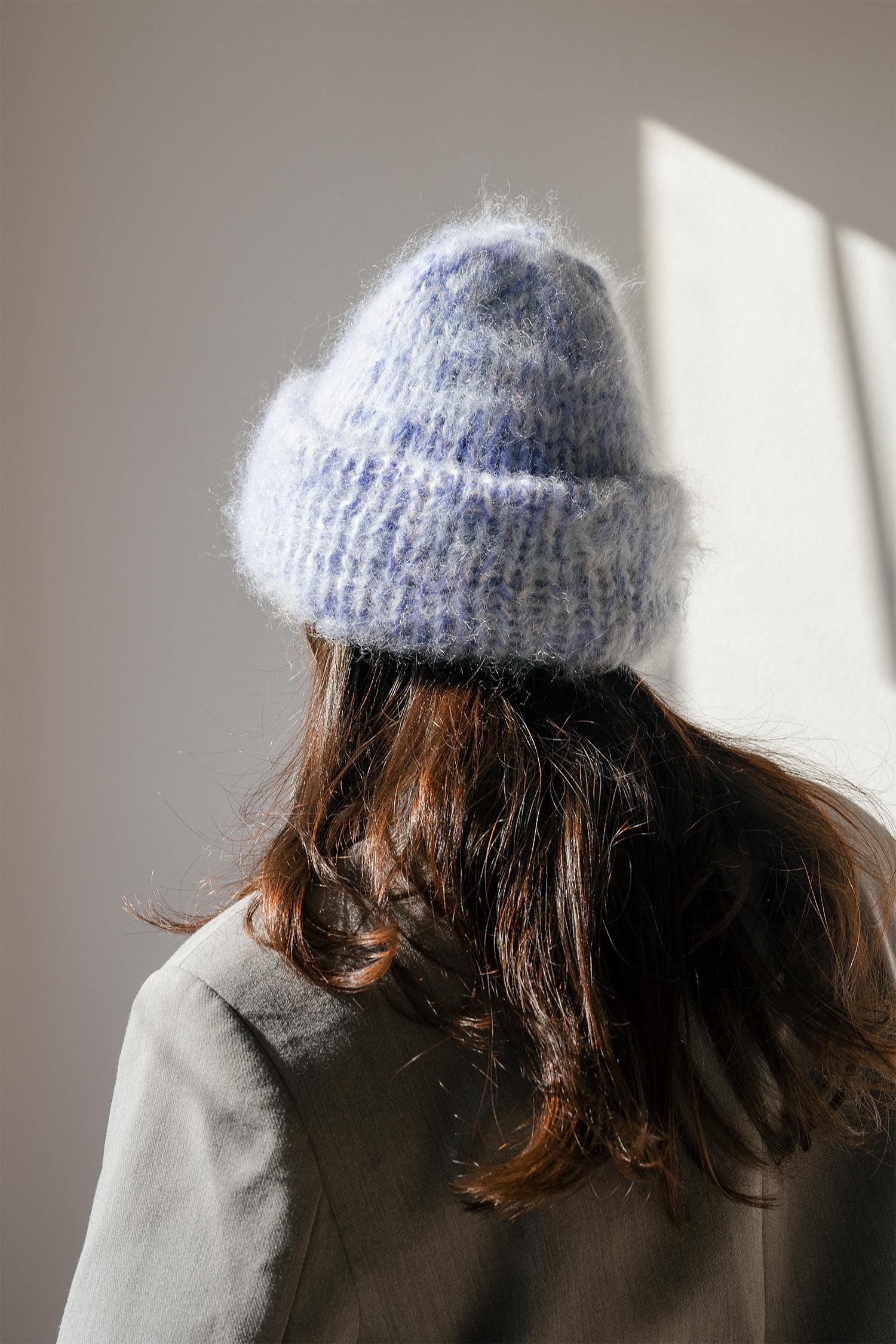 Chunky Mohair Beanie, Womens Winter Knit Hat, Pastel Blue Knit Hat