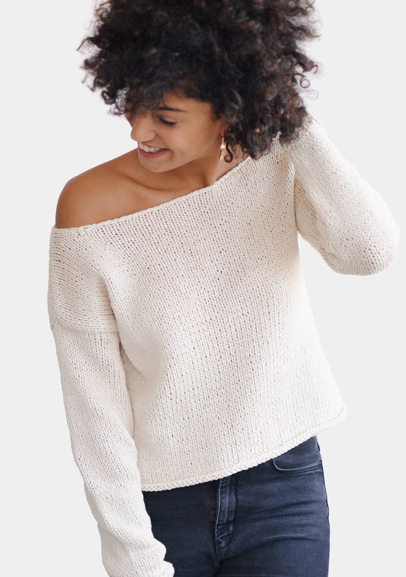 Oversized Sweater, Boxy Knit Sweater, One Shoulder Sweater, Hand Knit Sweater, Open Shoulder Top, Off Shoulder Sweater, Hand Knitted Top image 3