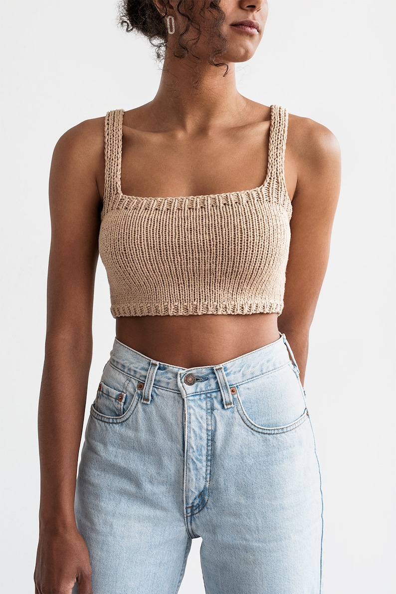 Square Neck Crop Top, Minimal Knit Top, Knit Bralette Top, Cropped Yoga Top, Hand Knit, Square Neckline, Sports Knit Bra, Fitted Cotton Top 02. Light Wheat