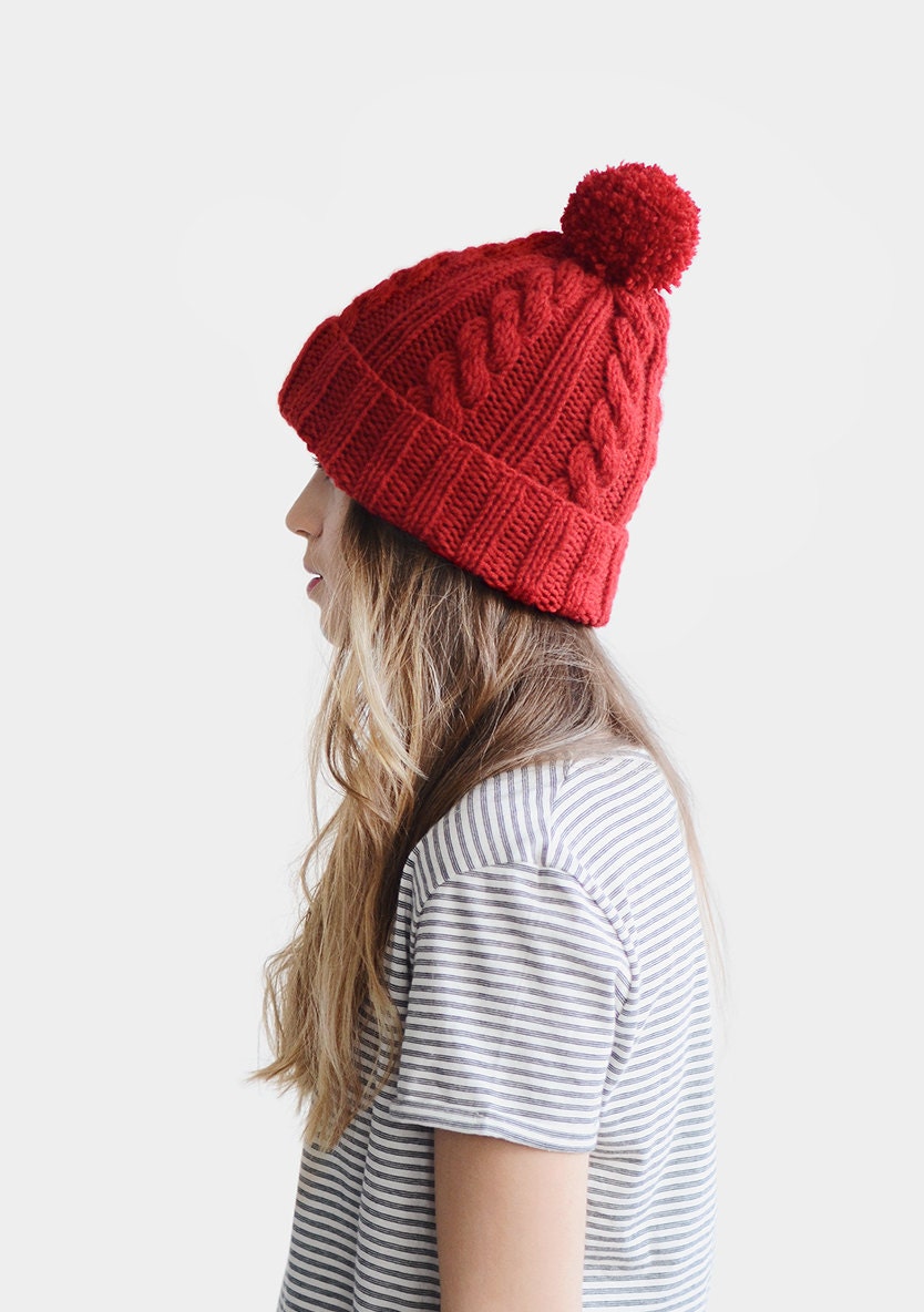 Winter Hat, the Pom, Etsy Unisex Beanie, Beanie Hand Hat, Red Hat, Hat Ski With Knit Womens Mens Cable Custom Pom Classic Wool - Color Knit Cable