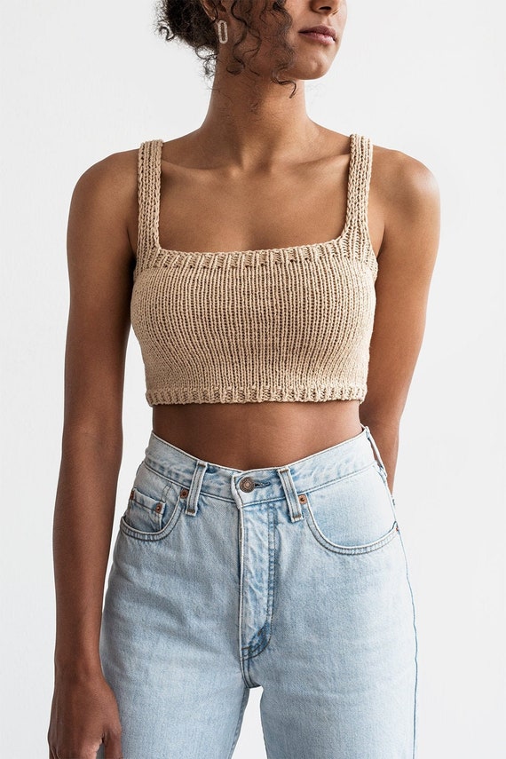 Square Neck Crop Top, Minimal Knit Top, Cropped Yoga Top, Hand Knit, Square  Neckline,sports Knit Bra, Fitted Cotton Bralette in Light Wheat 