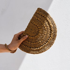 Crochet Raffia Clutch, Half Moon Clutch, Straw Wristlet Purse, Minimal Boho Clutch, Raffia Handbag, Summer Bag Raffia Moon Clutch in Rust image 5